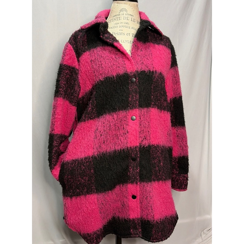 Steve Madden Pink Black Buffalo Plaid Shacket Oversized Boucle Jacket S BN302137